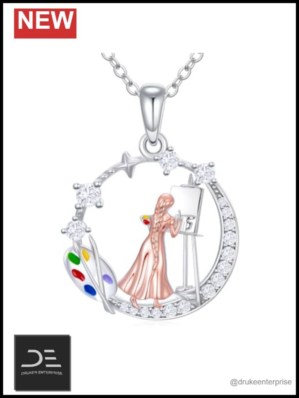 925 Sterling Silver Music Note Painting Pendant Necklace, Adjustable Chain,